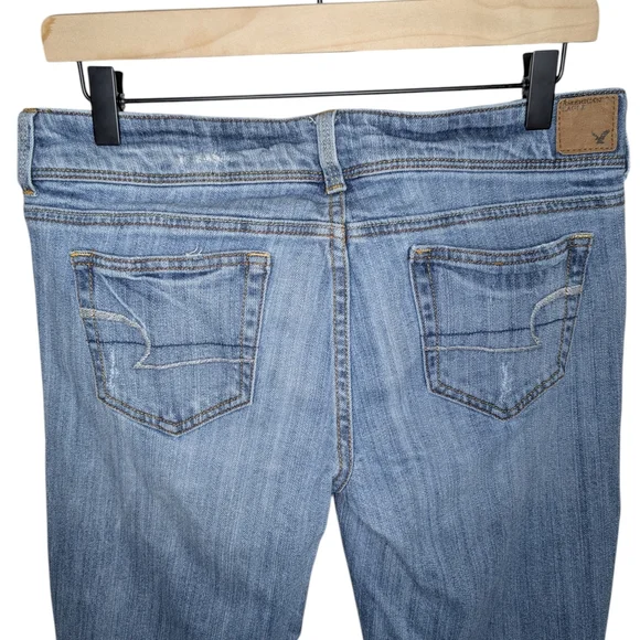 American Eagle Slim Boot Jeans Sz 10 Y2K Low Rise Stretch Distressed Light Wash - Picture 5 of 16